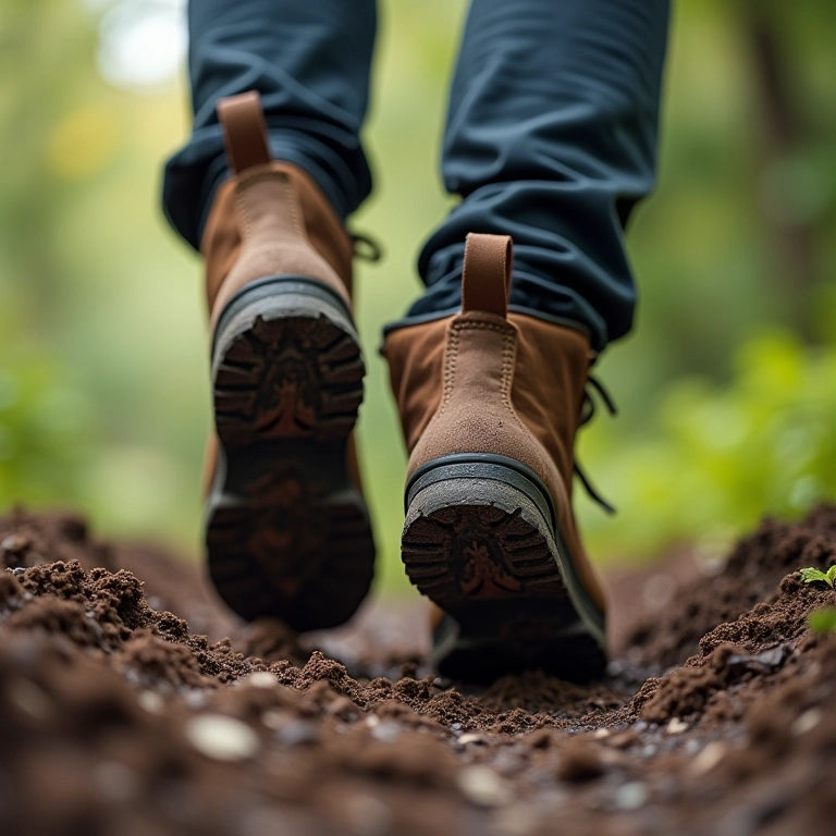 Detalhe do solado de bota de trilha em trilha lamacenta.