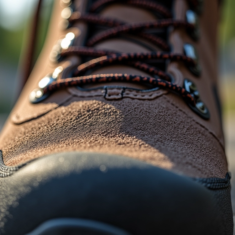 Detalhe do tecido respirável de bota de trilha.