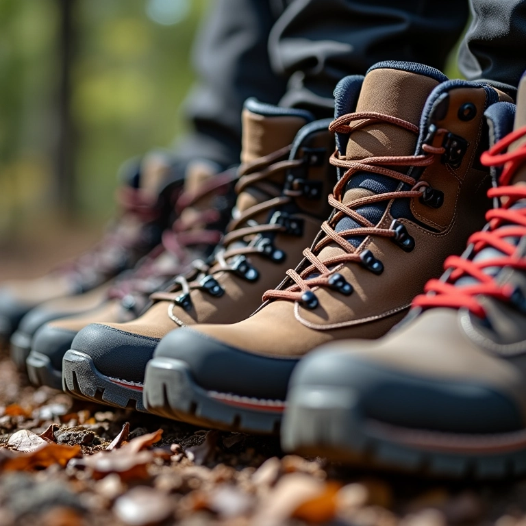 Diferentes botas de trilha mostrando suas diferenças de peso.