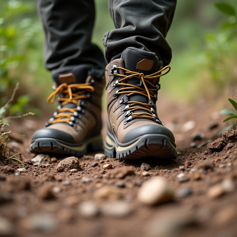 Diferentes tipos de terrenos de trilha com botas de trilha adequadas.