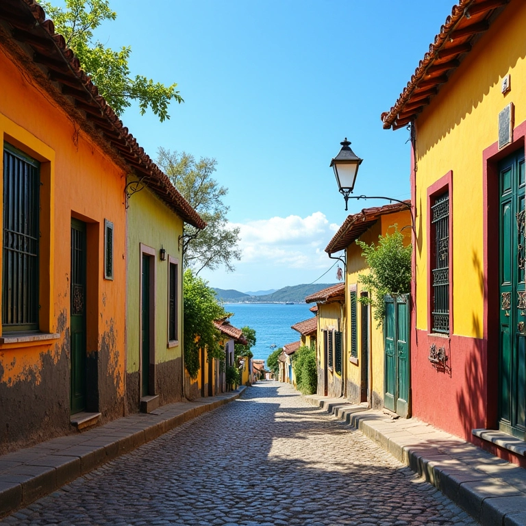 Distrito histórico com casas coloridas em Porto Seguro, BA.