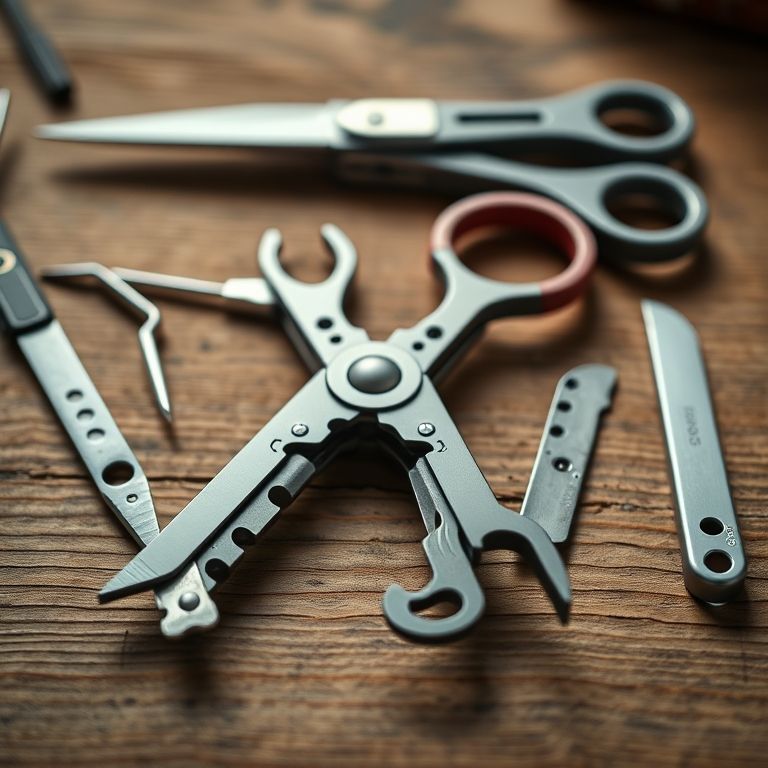 Diversas ferramentas de canivete multifuncional (tesoura, punção).