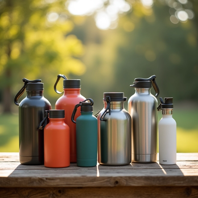 Diversos galões térmicos para água (5L e 2,5L) expostos ao ar livre.