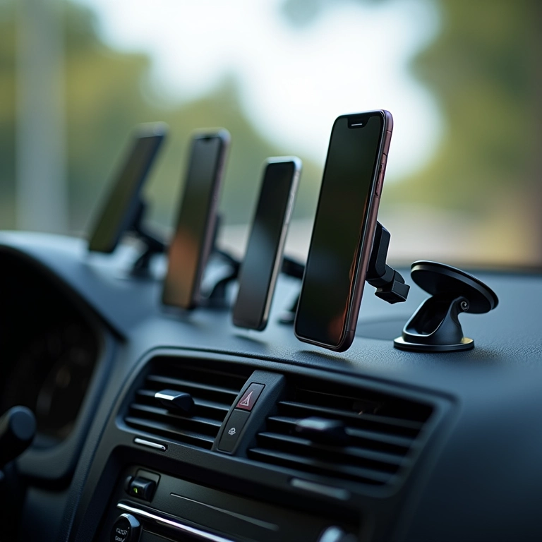 Diversos suportes de celular para carro expostos no painel.