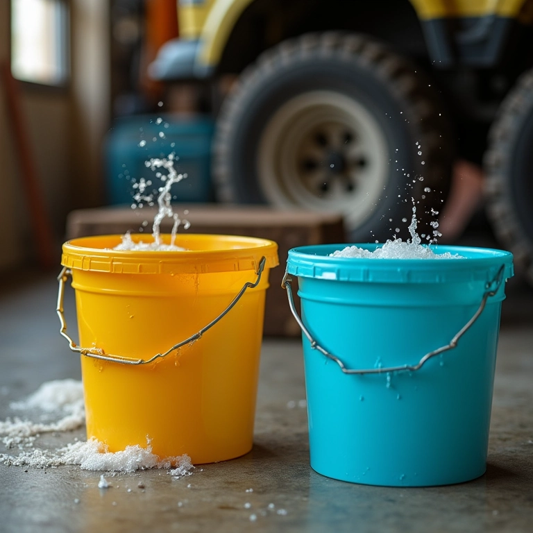 Dois baldes com separadores de sujeira em uma garagem.