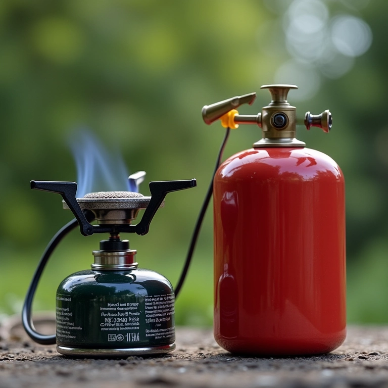 Dois fogareiros portáteis: um com cartucho, outro com botijão, mostrando opções de combustível.