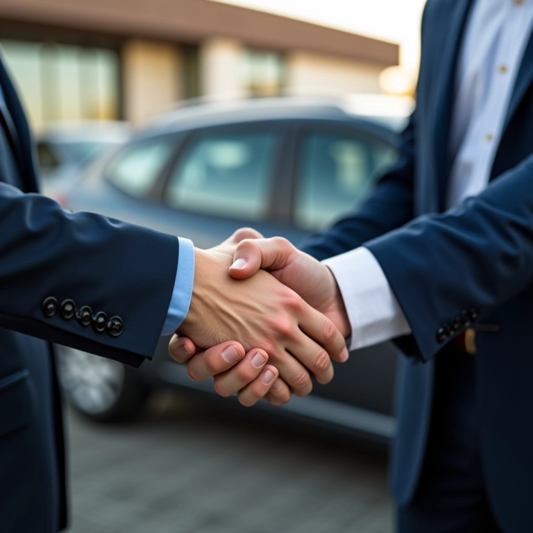 Duas pessoas apertando as mãos após uma transação de revenda bem-sucedida, com um Duster ao fundo.