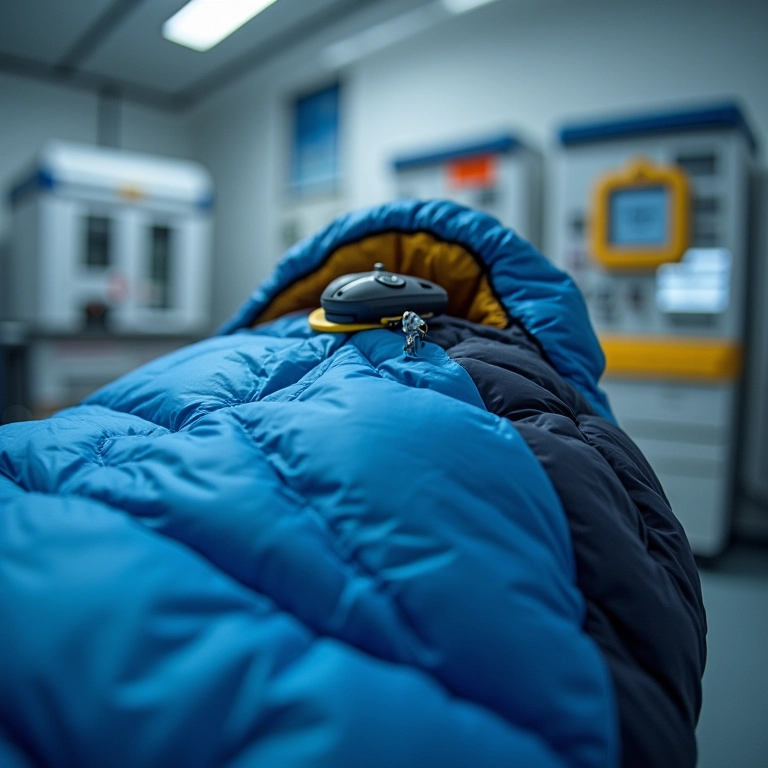 Equipamento de teste de temperatura em um saco de dormir.
