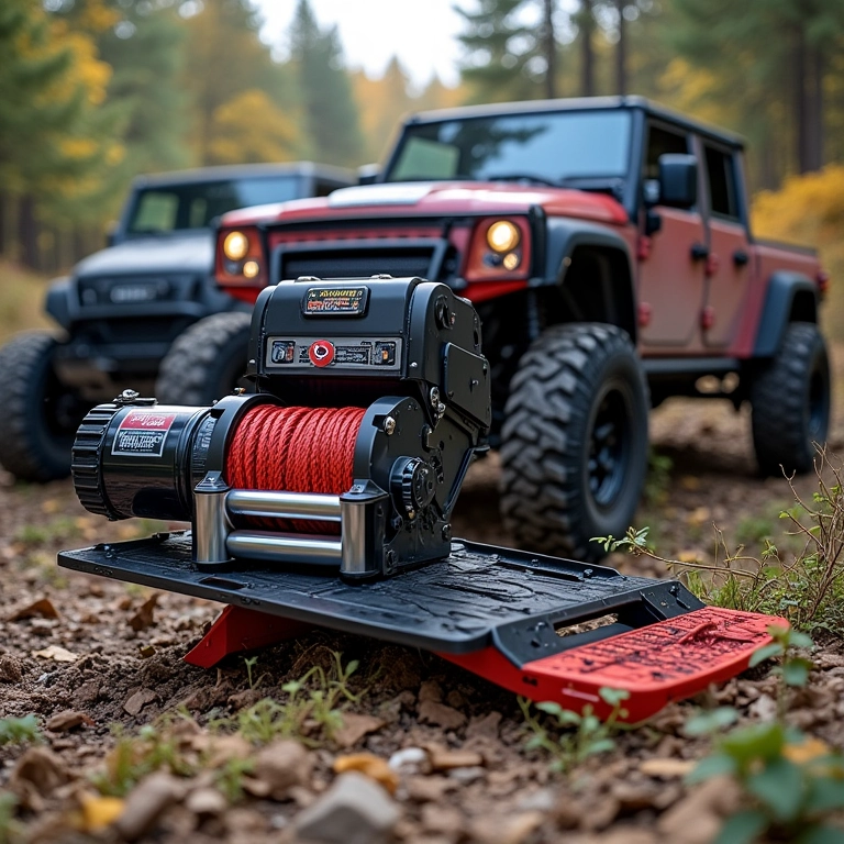 Equipamentos de recuperação para 4x4, como guincho e pá.