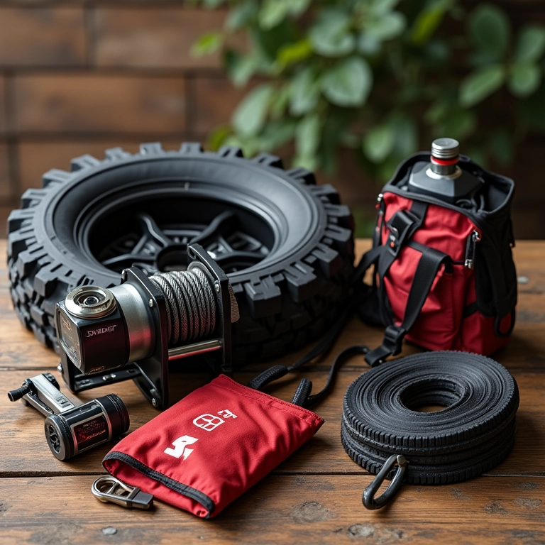Equipamentos essenciais para aventura 4x4 segura: guincho, fitas, kit de primeiros socorros, pneu.