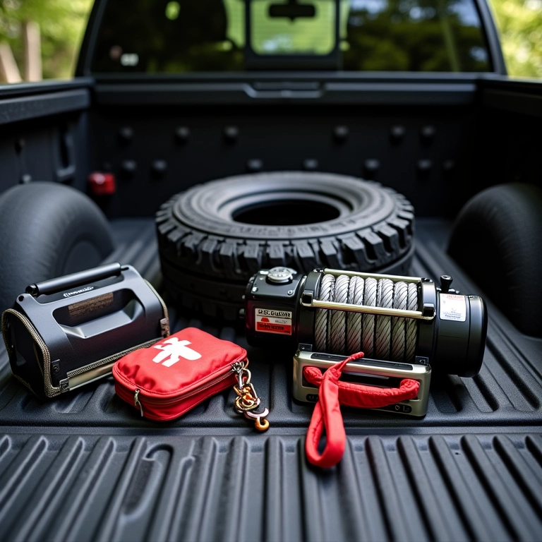 Equipamentos essenciais para off-road dispostos na caçamba de uma caminhonete.