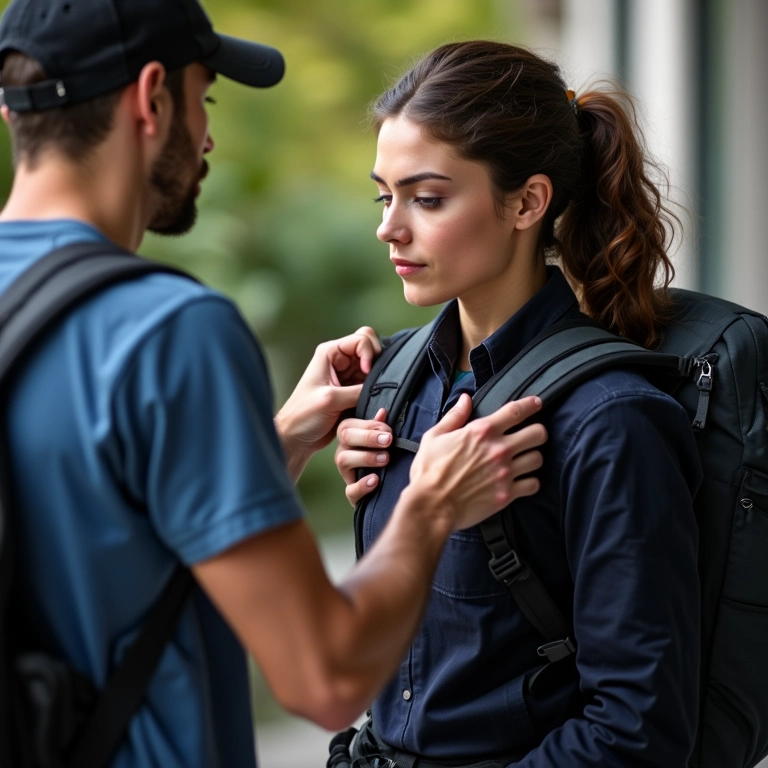 Especialista ajustando mochila cargueira em cliente.
