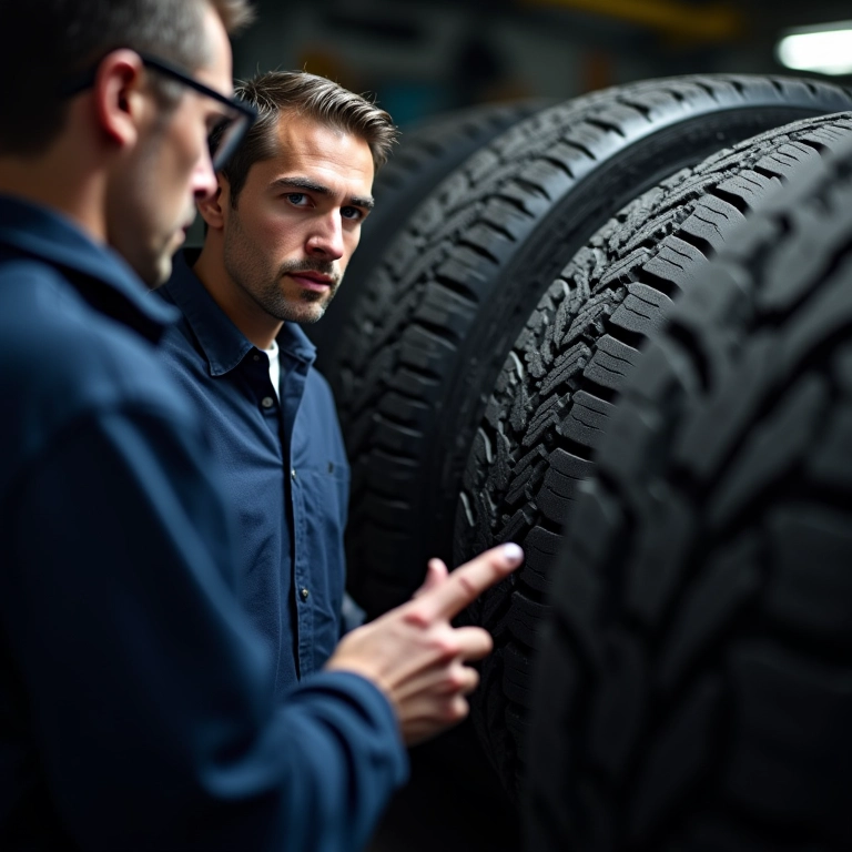 Especialista em pneus explicando as características de um pneu.