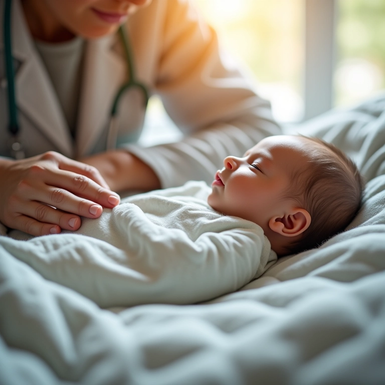 Especialista inspecionando a qualidade do tecido de um saco de dormir para recém-nascido.