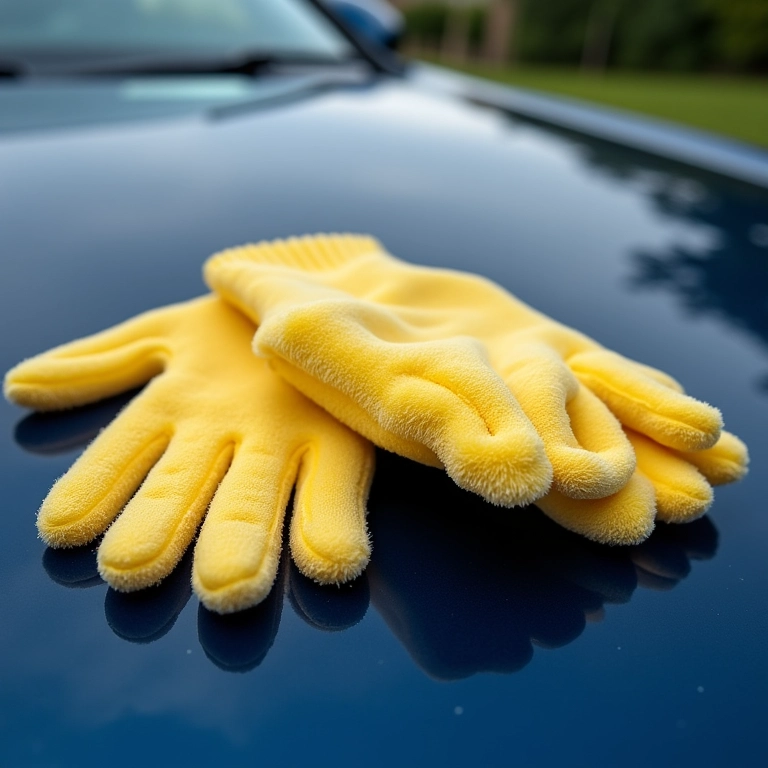 Esponjas e luvas de microfibra de alta qualidade sobre o capô de um carro.