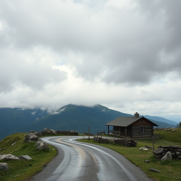 Estrada de montanha em El Bolsón com uma cabana rústica sob um céu nublado.