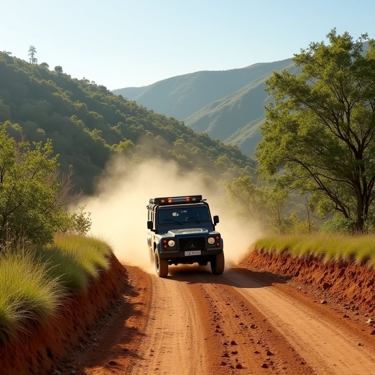 Estrada de terra no Vale Europeu com 4x4 levantando poeira e paisagem deslumbrante.