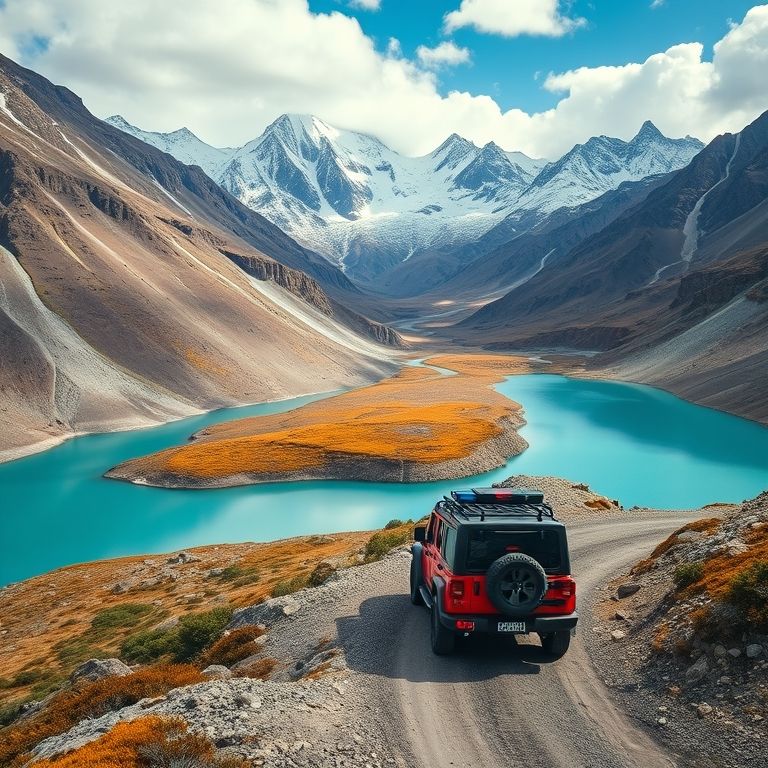 Expedição 4x4 atravessando a Patagônia Andina com montanhas nevadas e lagos turquesa.