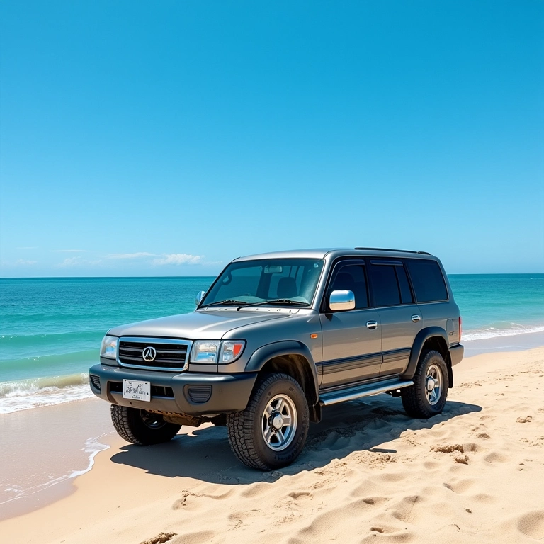 Explorando as Praias de Caravelas com um veículo 4x4 estacionado na areia.