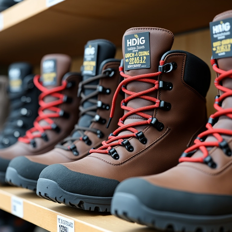 Exposição de botas de trilha em diferentes faixas de preço.