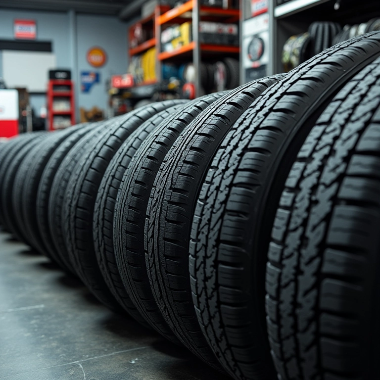 Exposição de modelos de pneus Michelin, Pirelli, Goodyear e Bridgestone em uma loja.