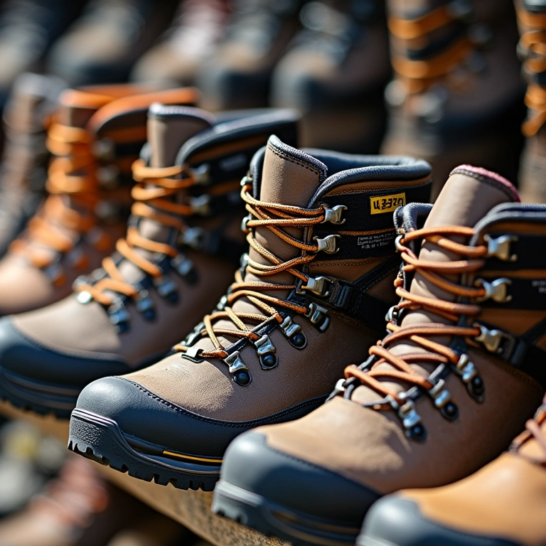 Exposição de várias botas de trilha com etiquetas de preço.