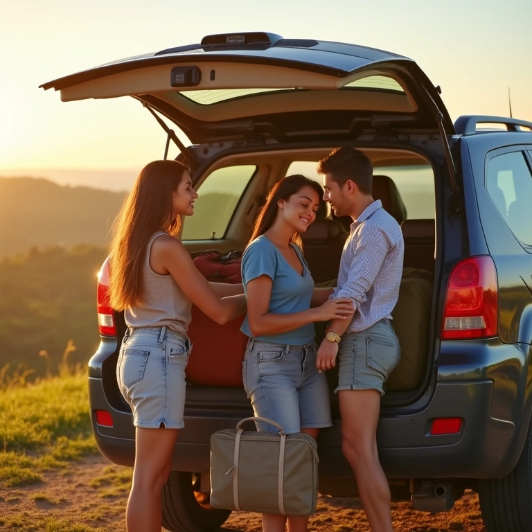Família brasileira carregando bagagem em um SUV para uma viagem, paisagem brasileira ao fundo.