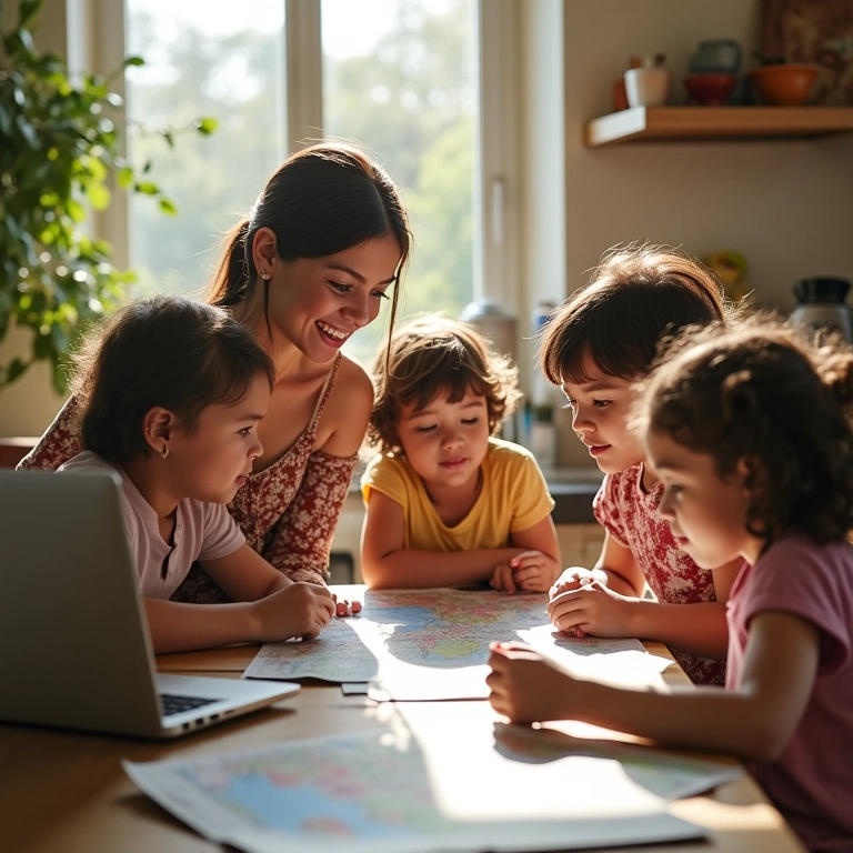 Família planejando viagem em casa com mapas e laptop.