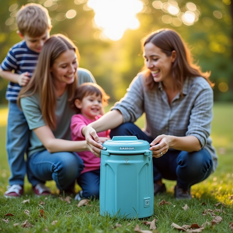 Família usando o vaso sanitário portátil Camco Portable Travel Toilet ao ar livre.