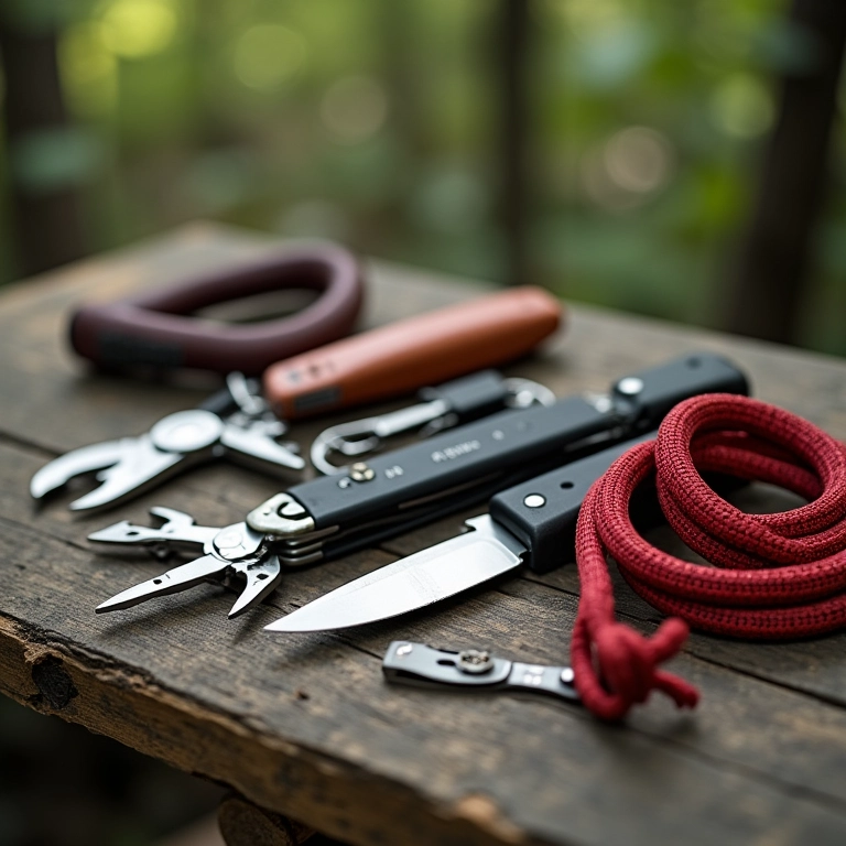 Ferramentas e acessórios de camping.