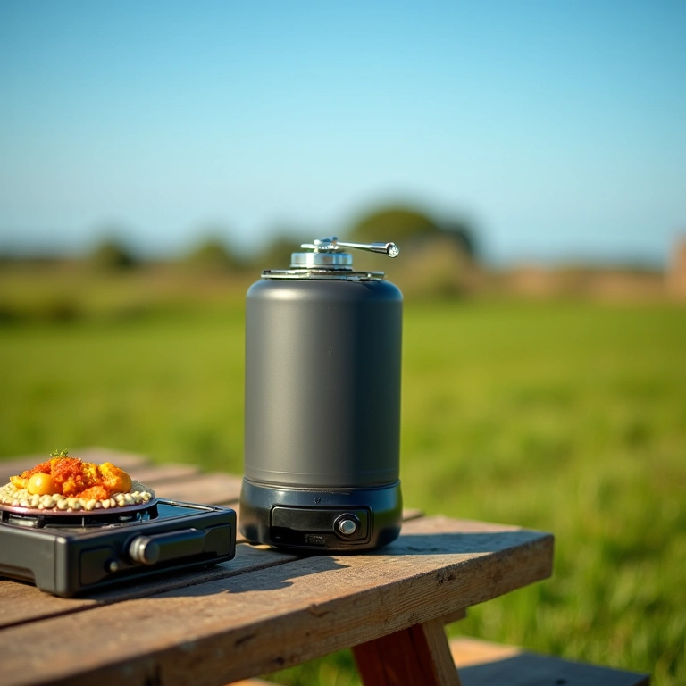 Fogareiro portátil a gás em mesa de piquenique ensolarada no campo brasileiro.