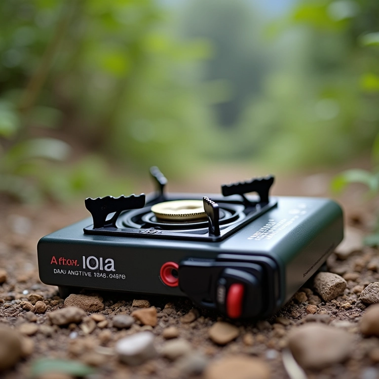 Fogareiro portátil estável em terreno irregular, demonstrando segurança.