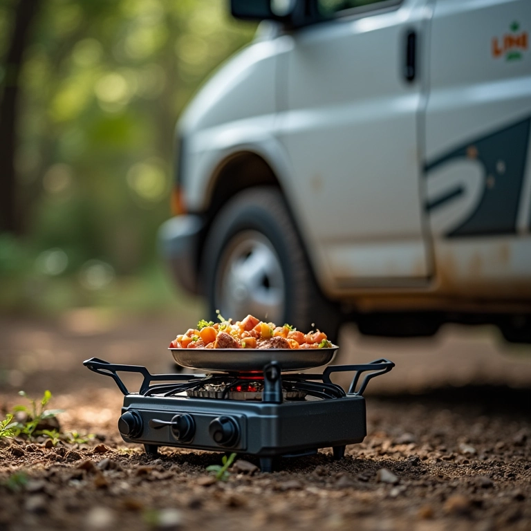 Fogareiro portátil sendo usado para cozinhar, Bonito.