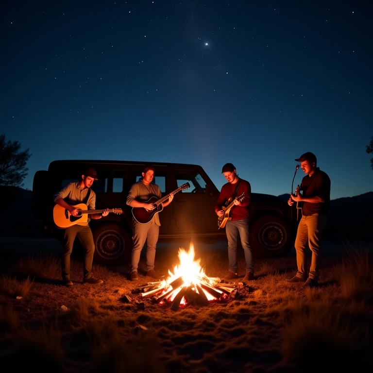 Fogueira sob as estrelas com pessoas cantando e tocando violão em um acampamento off-road.