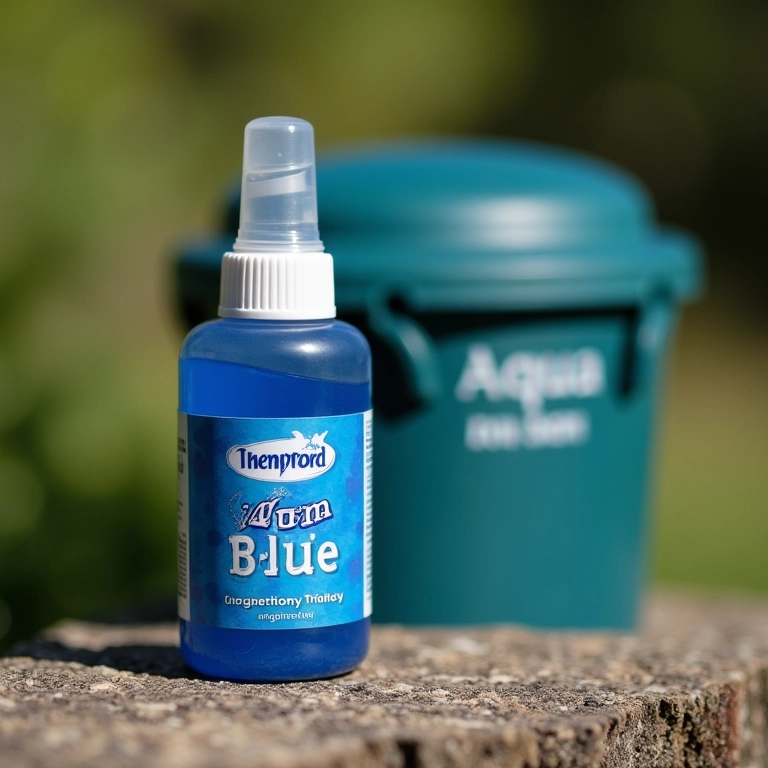 Frasco de Thetford Aqua Kem Blue Concentrado ao lado de banheiro portátil.