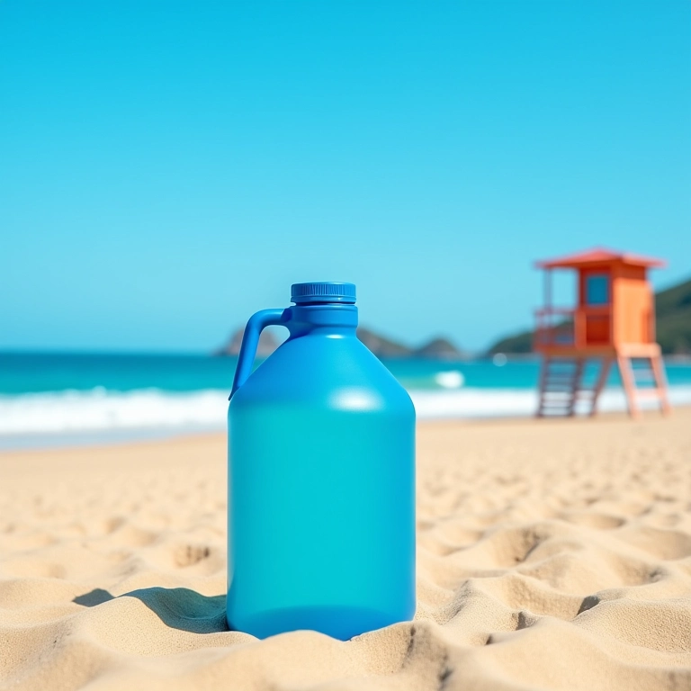 Galão térmico Coleman 5L na praia, mantendo a água gelada.