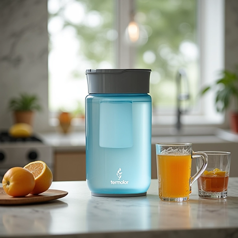 Galão térmico Termolar R-Evolution 5L em ilha de cozinha moderna.