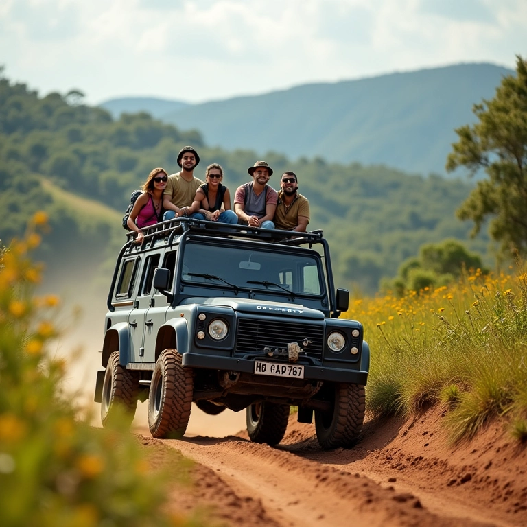 Grupo de amigos curtindo aventura off-road 4x4 em paisagem brasileira vibrante.