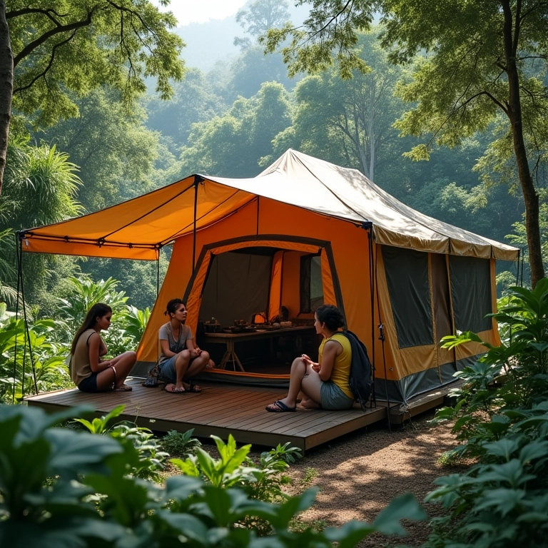 Grupo de amigos montando barraca de camping com varanda em floresta tropical brasileira.