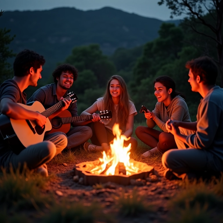 Grupo de campistas diversos ao redor de fogueira, tocando violão, Praia do Rosa.