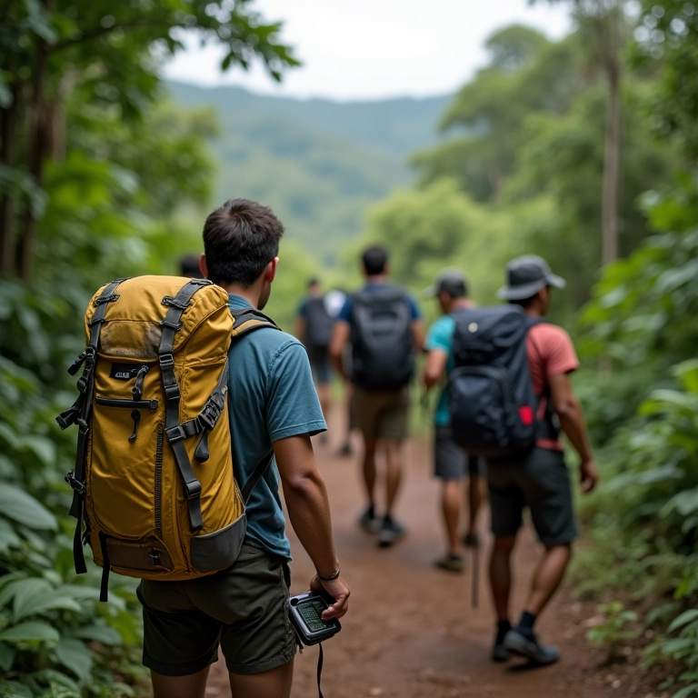 Grupo de trilheiros diversos usando GPS em trilha no Brasil.