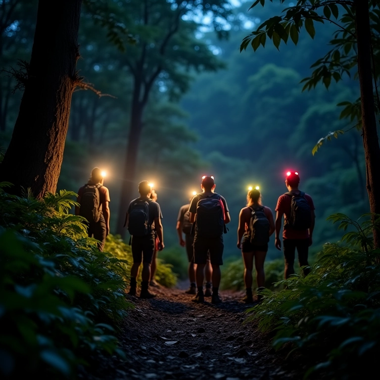 Grupo de trilheiros usando lanternas de cabeça em floresta exuberante no Brasil.