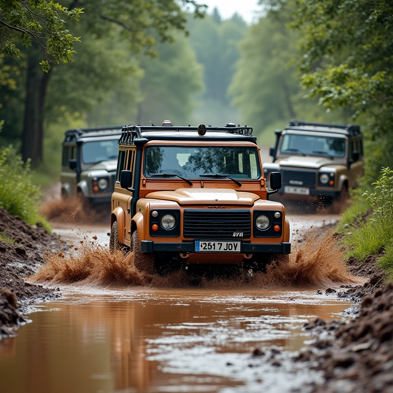Grupo de veículos 4x4 atravessando trilha lamacenta off-road.