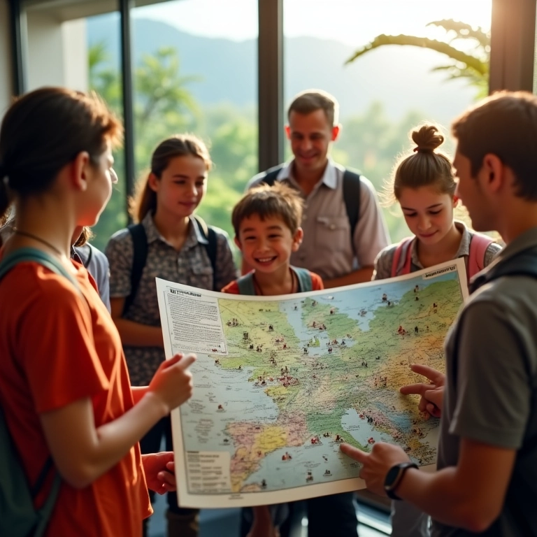 Grupo decidindo quais atrações visitar na viagem.