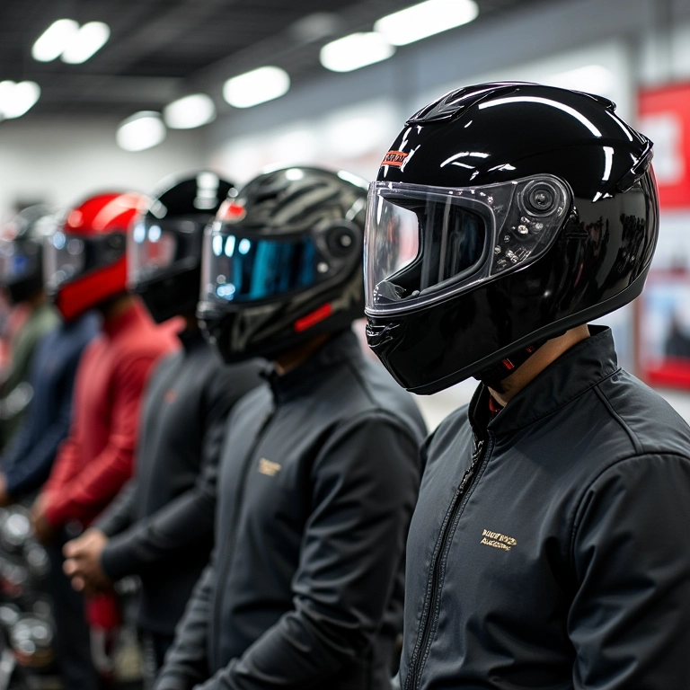 Grupo diversificado experimentando capacetes em loja de motos.