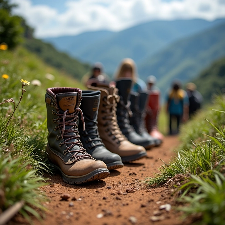Grupo diverso de pessoas fazendo trilha em montanha brasileira usando diferentes botas de trilha.