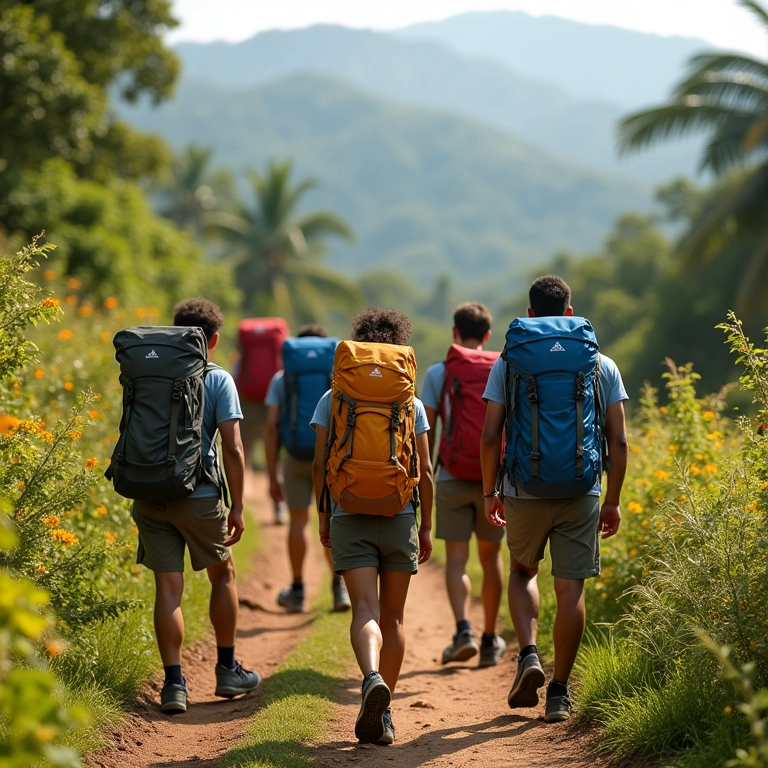 Grupo diverso de trilheiros com mochilas de 25 litros em trilha vibrante no Brasil.