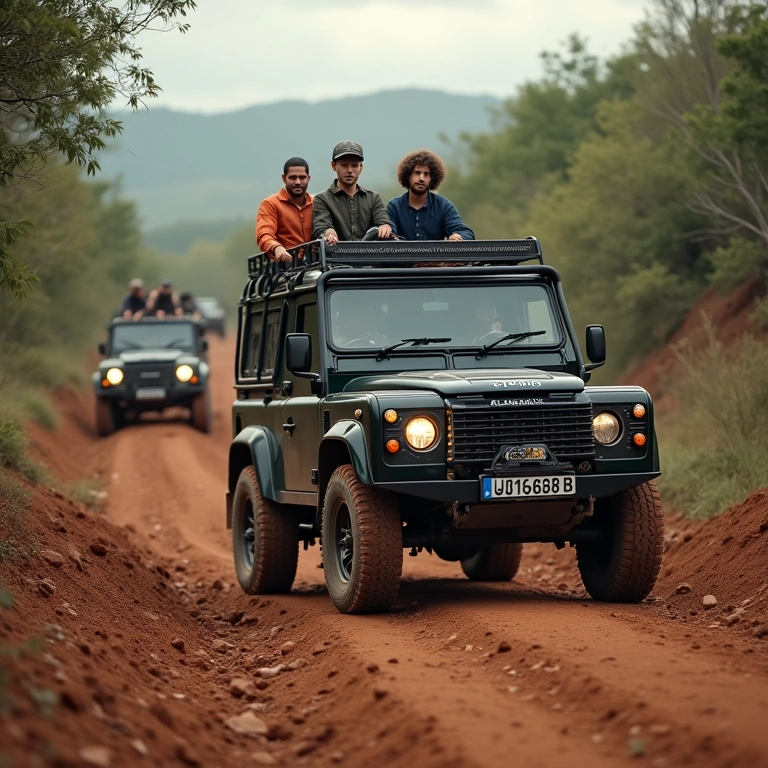 Grupo diverso dirigindo carros 4x4 em terreno acidentado no Brasil.