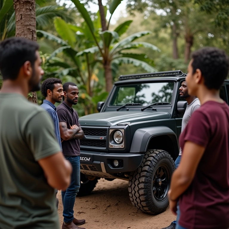 Grupo diverso discutindo opções de seguro para 4x4 em ambiente estiloso com toque brasileiro.