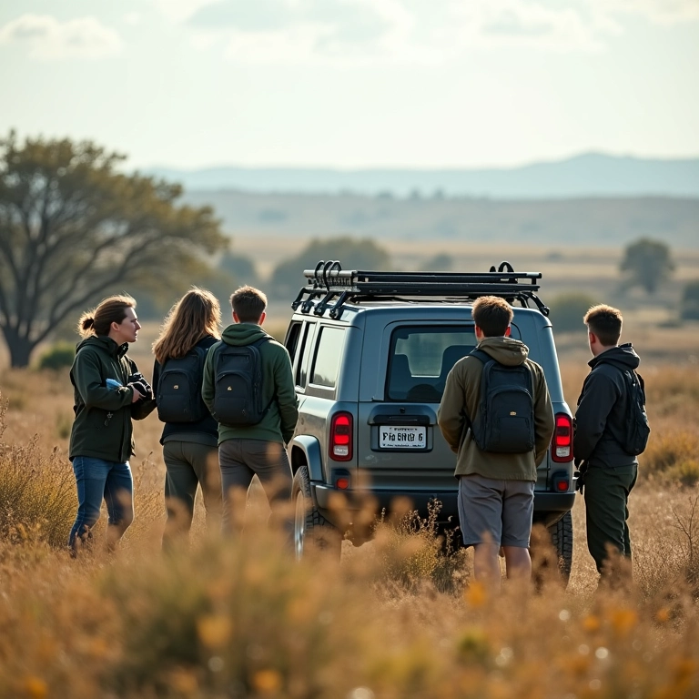 Grupo diverso explorando a natureza e fotografando paisagens com câmeras profissionais.